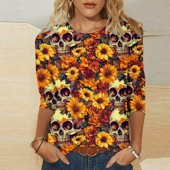 Xdegoge Dia De Los Muertos Shirt Women Day of The Dead Shirts Mexico Skeleton 3/4 Sleeve Tops Plus Size Mexican Skull Tequila T Shirt Vintage Holiday Party Blouses Tequila Costume Crew Neck Tshirts
