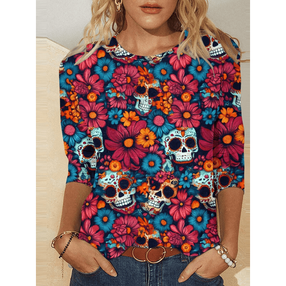 Xdegoge Dia De Los Muertos Shirt Women Day of The Dead Shirts Mexico Skeleton 3/4 Sleeve Tops Plus Size Mexican Skull Tequila T Shirt Vintage Holiday Party Blouses Tequila Costume Crew Neck Tshirts