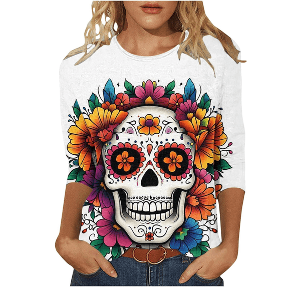 Xdegoge Dia De Los Muertos Shirt Women Day of The Dead Shirts Mexico Skeleton 3/4 Sleeve Tops Plus Size Mexican Skull Tequila T Shirt Vintage Holiday Party Blouses Tequila Costume Crew Neck Tshirts