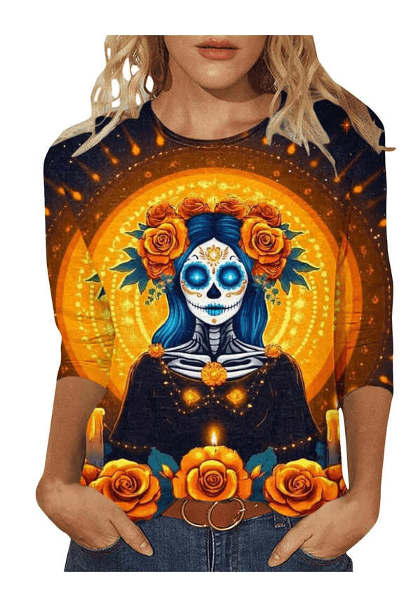 Dia De Los Muertos Shirt Women Day of The Dead Shirts Mexico Skeleton 3/4 Sleeve Tops Plus Size Mexican Skull Tequila T Shirt Vintage Holiday Party Blouses Tequila Costume Crew Neck Tshirts