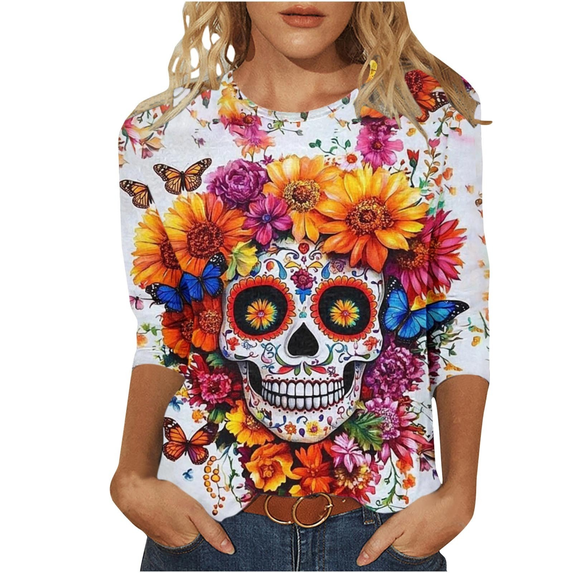 Xdegoge Dia De Los Muertos Shirt Women Day of The Dead Shirts Mexico Skeleton 3/4 Sleeve Tops Plus Size Mexican Skull Tequila T Shirt Vintage Holiday Party Blouses Tequila Costume Crew Neck Tshirts