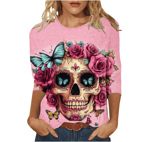 Xdegoge Dia De Los Muertos Shirt Women Day of The Dead Shirts Mexico Skeleton 3/4 Sleeve Tops Plus Size Mexican Skull Tequila T Shirt Vintage Holiday Party Blouses Tequila Costume Crew Neck Tshirts