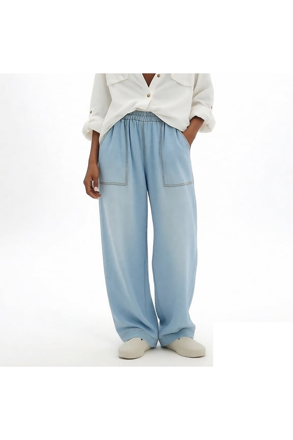 Drawstring Denim Pants for Women Elastic Waist Baggy Jeans Loose Lightweight Flowy Trousers with Patch Pockets