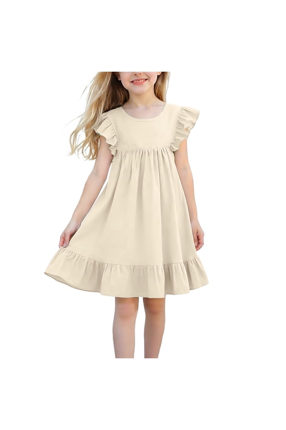 Dress for Girls Sleeveless Ruffle Hem and Shoulder Loose Fit Soft Cotton A-Line Cut Casual Playwear Summer Daily Outfit