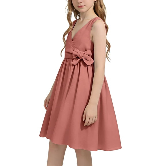 Xdegoge Dress for Girls Sleeveless V-Neck Bowknot Waist A-Line Cut Simple Elegant Party Wear Summer Formal Occasion Wedding Guest