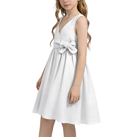 Xdegoge Dress for Girls Sleeveless V-Neck Bowknot Waist A-Line Cut Simple Elegant Party Wear Summer Formal Occasion Wedding Guest