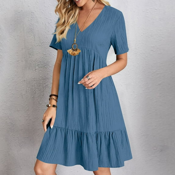 Xdegoge Dresses for Women 2025 Casual V-Neck Solid A-Line Dress Sundress Fashion Loose Pleated Short Sleeve Dress Blue M Womens Plus Size Clearance $5 My Orders at Walmart