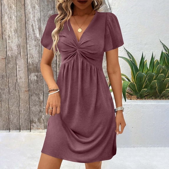 Xdegoge Dresses for Women Casual A-Line Flowy Short Flutter Sleeve V-Neck Mini Dresses Front Twist Ruched Solid Color Sun Dress Summer Holiday Outfits