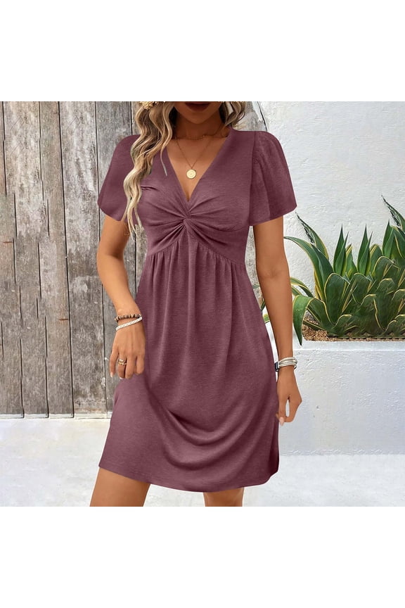 Dresses for Women Casual A-Line Flowy Short Flutter Sleeve V-Neck Mini Dresses Front Twist Ruched Solid Color Sun Dress Summer Holiday Outfits
