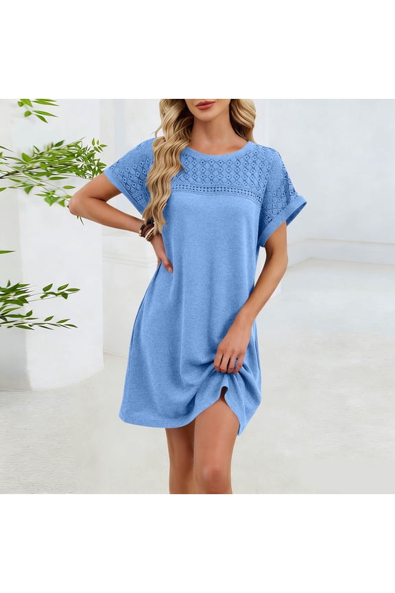Dresses for Women Casual Loose Fit Crewneck Short Sleeve Shirt Dress Lace Crochet Patchwork Summer Dresses Solid Color Basic Daily Lounge Wear