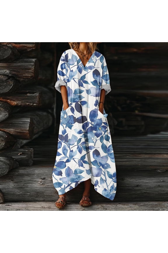 Dresses for Women Daisy Print V Neck Oversized Maxi Dress with Pockets Short Sleeve Caftan Dress Boho Beach Dress Vacation Resort Daily Wear Blue XL