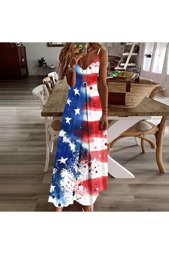 Dresses for Women Patriotic American Loose Fit Spaghetti Strap V-Neck Slip Dress Star Print Flowy Maxi Dresses Casual Beach Vacation 4Th of July