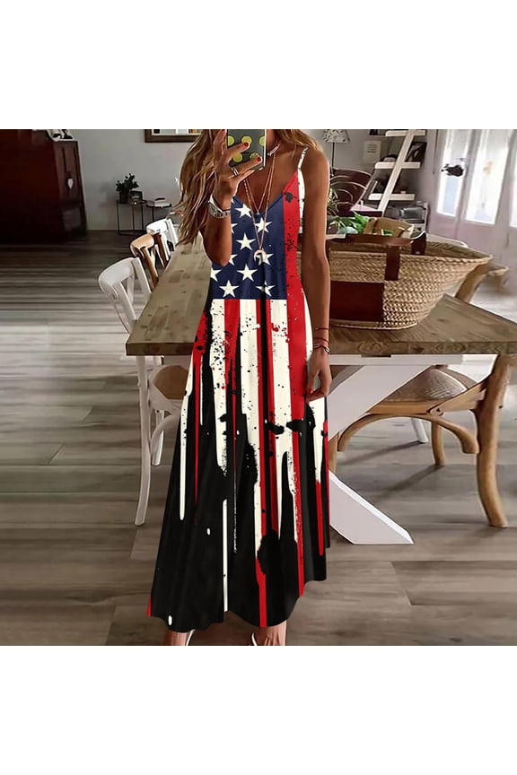 Dresses for Women Patriotic American Loose Fit Spaghetti Strap V-Neck Slip Dress Star Print Flowy Maxi Dresses Casual Beach Vacation 4Th of July