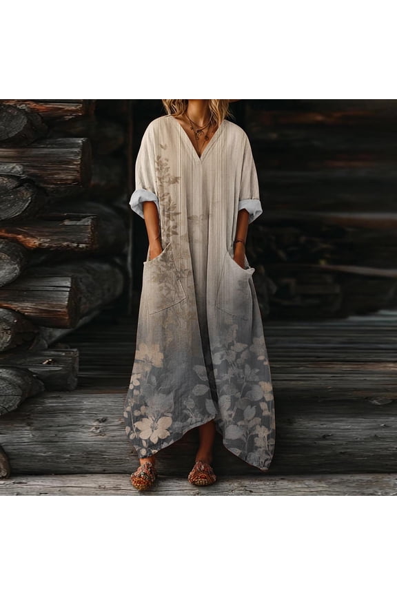 Dresses for Women Rose Blossom Floral V Neck Oversized Maxi Dress with Pockets Short Sleeve Caftan Dress Boho Beach Dress Vacation Resort Wear Gray M