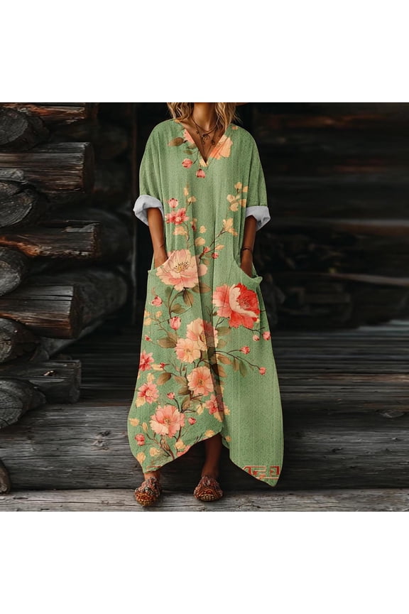 Dresses for Women Rose Floral Print V Neck Oversized Maxi Dress with Pockets Short Sleeve Caftan Dress Boho Beach Dress Vacation Resort Wear Green XXL