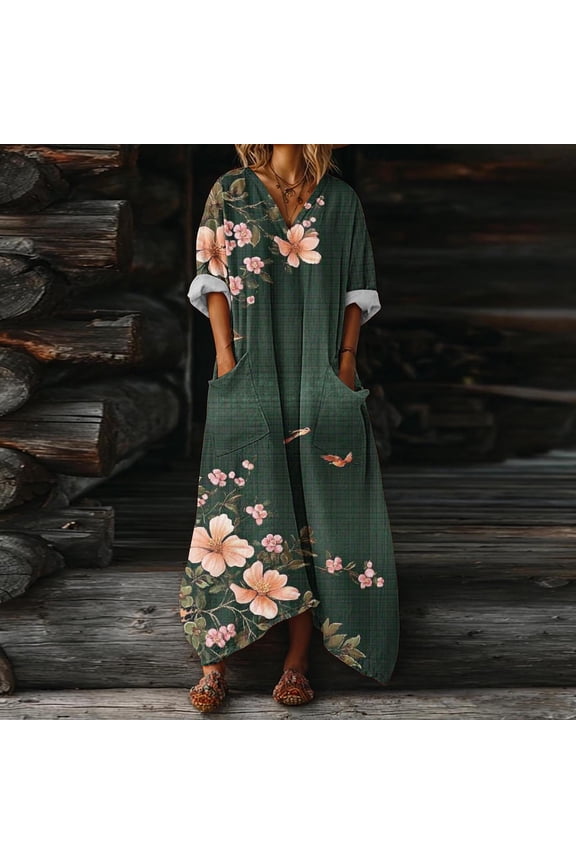 Dresses for Women Rose Floral Print V Neck Oversized Maxi Dress with Pockets Short Sleeve Caftan Dress Boho Beach Dress Vacation Resort Wear Green XXL