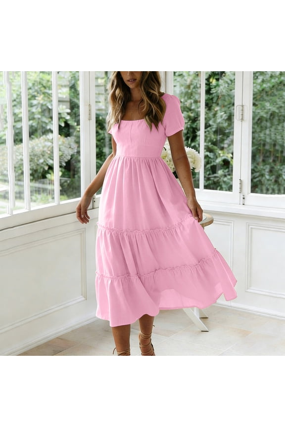 Dresses for Women Square Neck Puff Sleeve Tiered Midi Dress Empire Waist Fit and Flare Dress Elegant Dress Wedding Guest Tea Party Church Wear Pink L
