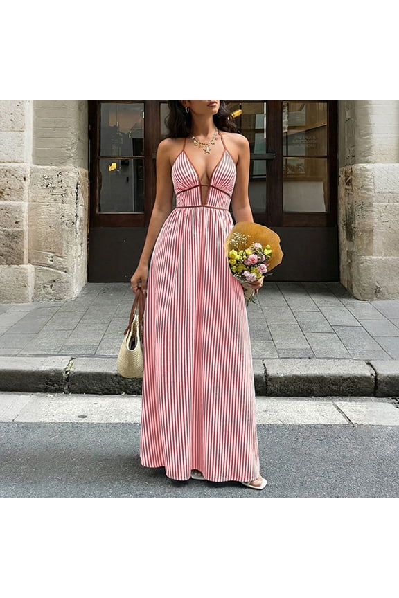 Dresses for Women Striped Halter Deep V Neck Cutout Maxi Dress Empire Waist A Line Dress Vacation Dress Beach Dress Wedding Guest Resort Wear Pink S