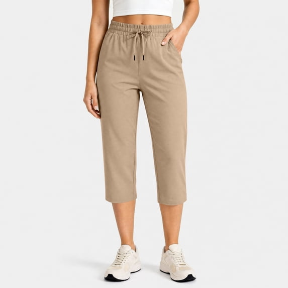 Xdegoge Dressy Capri Pants for Women Casual Drawstring Elastic Waist Straight Leg Cropped Trousers with Pockets Lightweight Activewear for Jogging Workout Gym