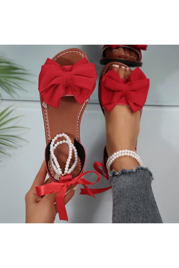 Dressy Sandals for Women Flat Shoes with Big Bowknot Elegant Pearl Ankle Strap Open Toe Summer Beach Footwear Fashionable Party Wedding Sandal