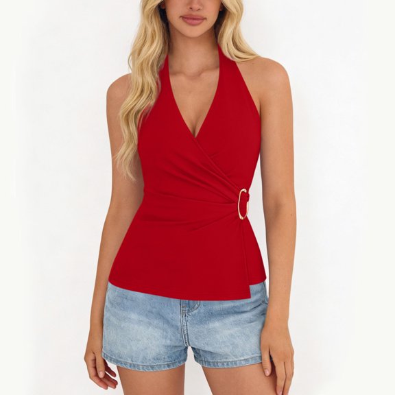 Xdegoge Dressy Tops for Women Halter Wrap Top V Neck Sleeveless Blouse Ruched Waist Fitted Backless Summer Fashion Y2K Clothes