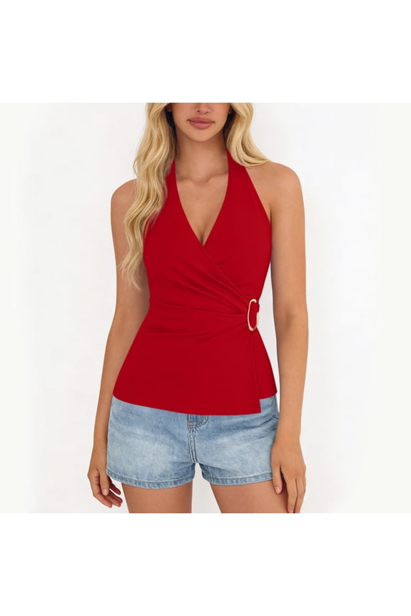 Dressy Tops for Women Halter Wrap Top V Neck Sleeveless Blouse Ruched Waist Fitted Backless Summer Fashion Y2K Clothes