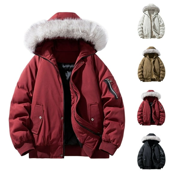 Xdegoge Durable Workwear Jacket for Men Full Zip Plus Size Padded Coat Casual Loose Hooded Jackets Fashion Fall Winter Warm Pocketed Streewear with Fluffy Collar