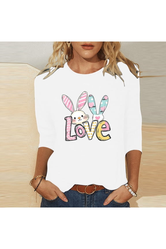 Easter Blouse for Women Rainbow Watercolor Bunny Graphic Three Quarter Sleeve Crewneck Spring Holiday Festival Casual Top Lightweight Minimalist Graphic Print Pullover