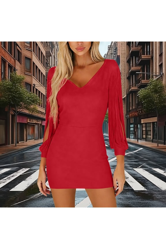 Elegant Bodycon Dress for Women Mini V Neck Long Sleeve Summer Dress Solid Split Sleeve Party Club Cocktail