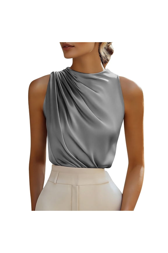 Elegant Draped Sleeveless Tops for Women, High Neck Asymmetric Wrap Blouse Formal Silky Satin Elegant Party Formal Top