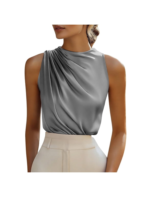 Elegant Draped Sleeveless Tops for Women, High Neck Asymmetric Wrap Blouse Formal Silky Satin Elegant Party Formal Top