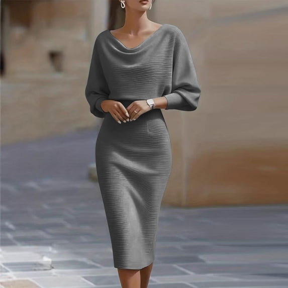 Xdegoge Elegant Dresses for Women Slim Fit 3/4 Sleeve Cowl Neck Formal Dresses Bodycon Midi Dress Solid Color Evening Party Cocktail Wedding