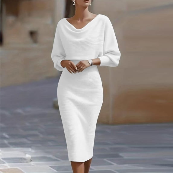 Xdegoge Elegant Dresses for Women Slim Fit 3/4 Sleeve Cowl Neck Formal Dresses Bodycon Midi Dress Solid Color Evening Party Cocktail Wedding