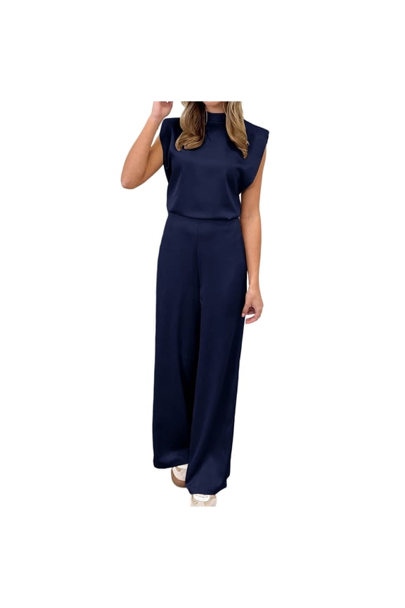 Elegant Jumpsuits for Women Formal Satin Jumpsuit Mock Neck Sleeveless Outfits One Piece Casual Loose Rompers Straight Leg Fashion Dressy Party Romper with Pockets