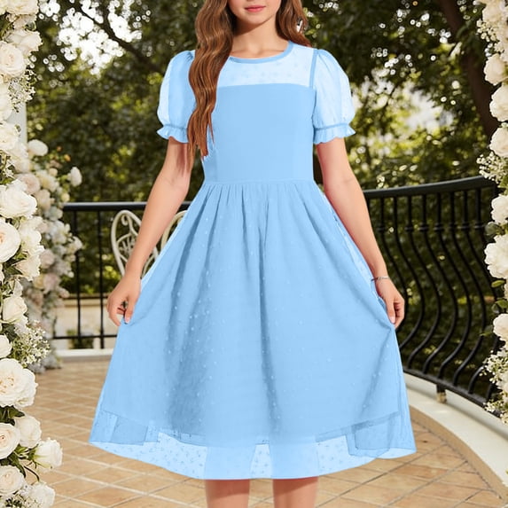 Xdegoge Elegant Kids Girls Dress Knee Length A Line Puff Sleeve Tween Summer Dress Dot Chiffon Solid Flowy Party Wedding for Teen