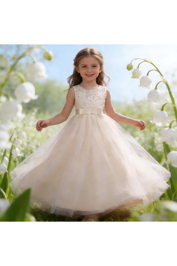 Elegant Kids Girls Dress Maxi Ball Gown Sleeveless Tween Summer Dress Lace Tulle Bow Belt Wedding Bridesmaid Pageant for Teen