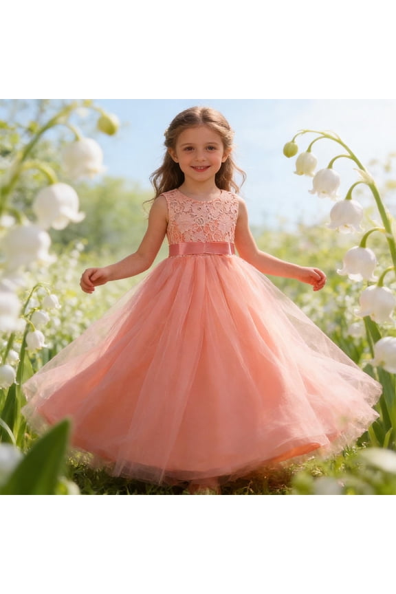 Elegant Kids Girls Dress Maxi Ball Gown Sleeveless Tween Summer Dress Lace Tulle Bow Belt Wedding Bridesmaid Pageant for Teen