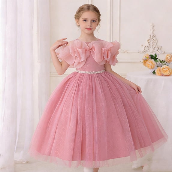 Xdegoge Elegant Kids Girls Dress Midi A Line Off Shoulder Tween Summer Dress Tulle Ruffle Glitter Belted Party Wedding Princess for Teen