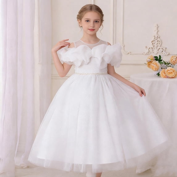 Xdegoge Elegant Kids Girls Dress Midi A Line Off Shoulder Tween Summer Dress Tulle Ruffle Glitter Belted Party Wedding Princess for Teen