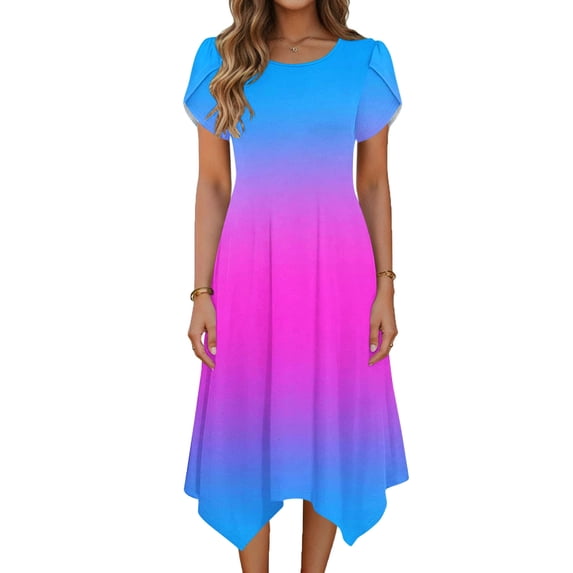 Xdegoge Elegant Midi Dress for Women Asymmetrical A Line Crewneck Short Sleeve Summer Dress Ombre with Pockets Vacation