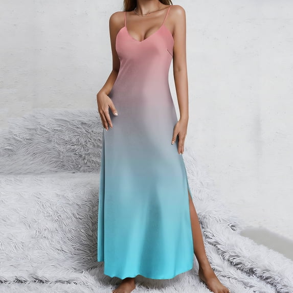 Xdegoge Elegant Satin Ombre Dress for Women Maxi Slip V Neck Spaghetti Strap Party Dress Side Split Flattering Chic Wedding Guest Cocktail Evening Date Night Wear