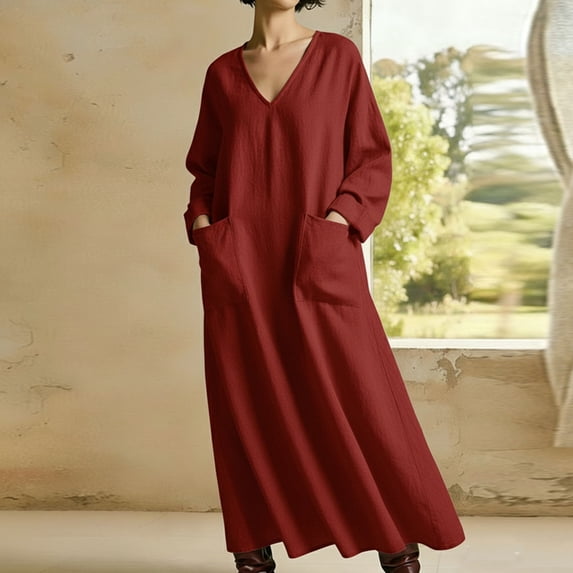 Xdegoge Elegant Solid Color V Neck Long Sleeve Maxi Dress for Women Summer Casual Oversized Flowy Long Dress with Pockets Lightweight Flattering Daily Office Vacation Wear