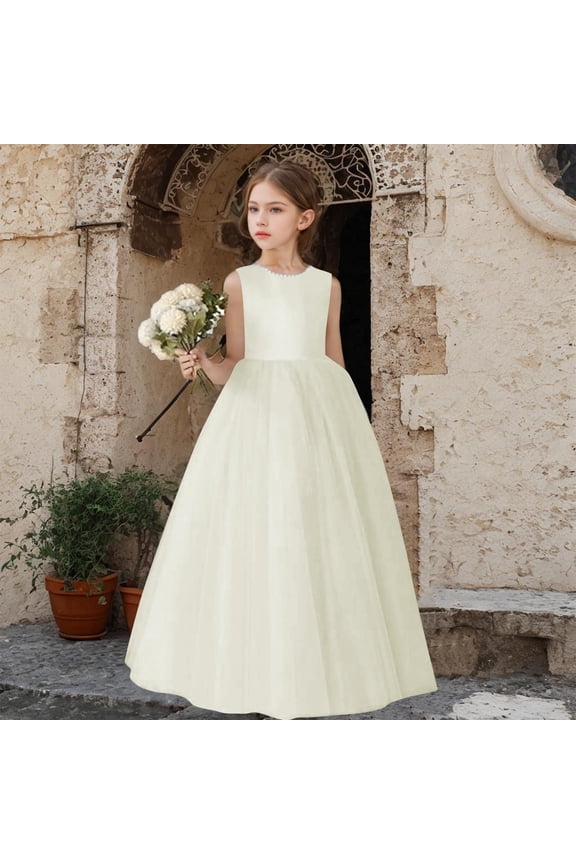 Elegant Toddler Girls Dress Maxi Ball Gown Sleeveless Kids Summer Dress Tulle Solid Pearl Wedding Guest Pageant Party for Teen