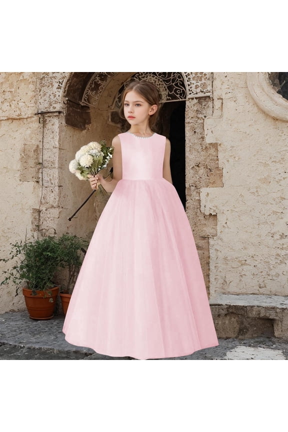 Elegant Toddler Girls Dress Maxi Ball Gown Sleeveless Kids Summer Dress Tulle Solid Pearl Wedding Guest Pageant Party for Teen