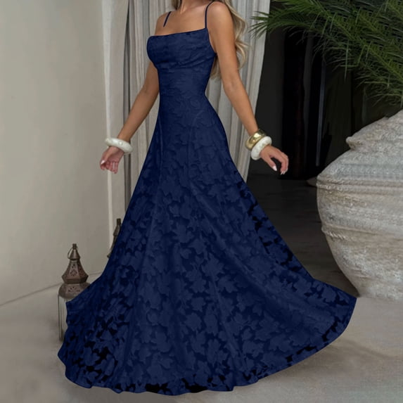 Xdegoge Elegant Vintage Dress for Women Maxi A Line Square Neck Spaghetti Strap Summer Dress Floral Lace Flowy Swing Flattering Wedding Guest Evening Prom Party