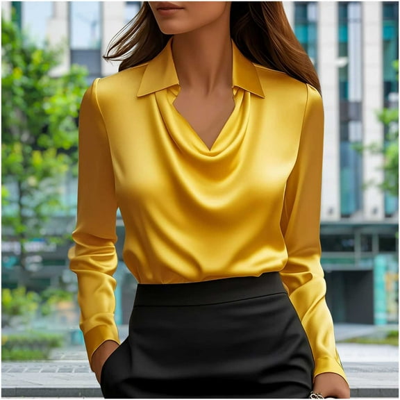 Xdegoge Elegant Work Blouses for Women Satin Draped Neckline Long Sleeve Shirts Collared Solid Shiny Lightweight Luxury Tops Business Casual Evening Cocktail Wear