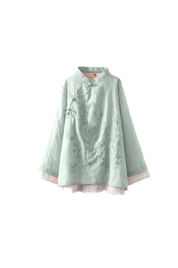 Embroidered Tunic Traditional Hanfu Tops for Women with Knot Buttons Mandarin Collar Long Sleeve Floral Embroidery Shirts Loose Fit Vintage Chinese Blouse