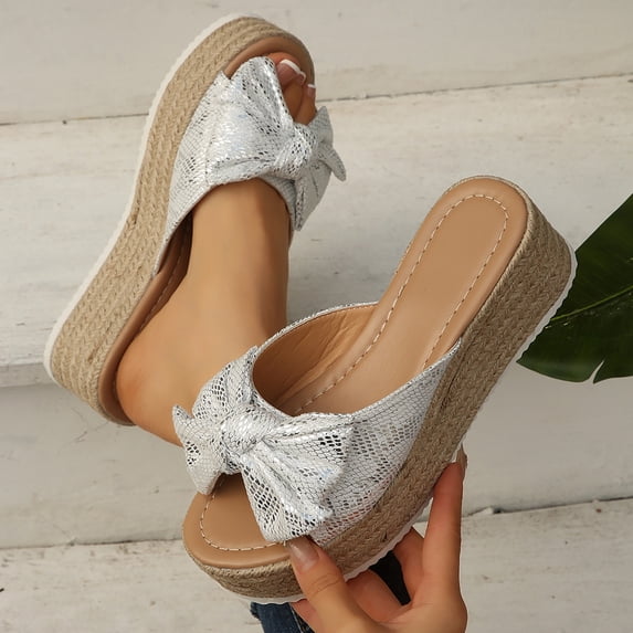 Xdegoge Espadrille Platform Sandals for Women Wedge Slides Slip On Peep Toe Cute Knotted Bowknot Decor Jute Sole Casual Summer Vacation Walking Footwear