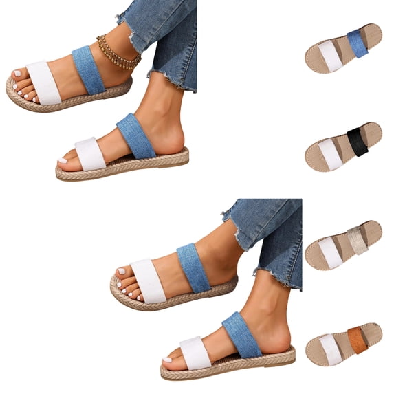 Xdegoge Espadrille Sandals for Women Plus Size Flat Slides Wide Band Braided Sole Open Toe Slip On Beach Shoes Casual Lightweight Outdoor Walking Footwear
