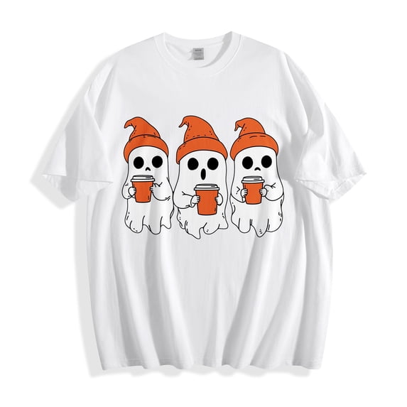 Xdegoge Fall Graphic T-Shirts for Women Funny Coffee Ghost Print Top Casual Short Sleeve Crewneck Tee Comfortable Lightweight Pullover for Halloween Autumn Season Lounge